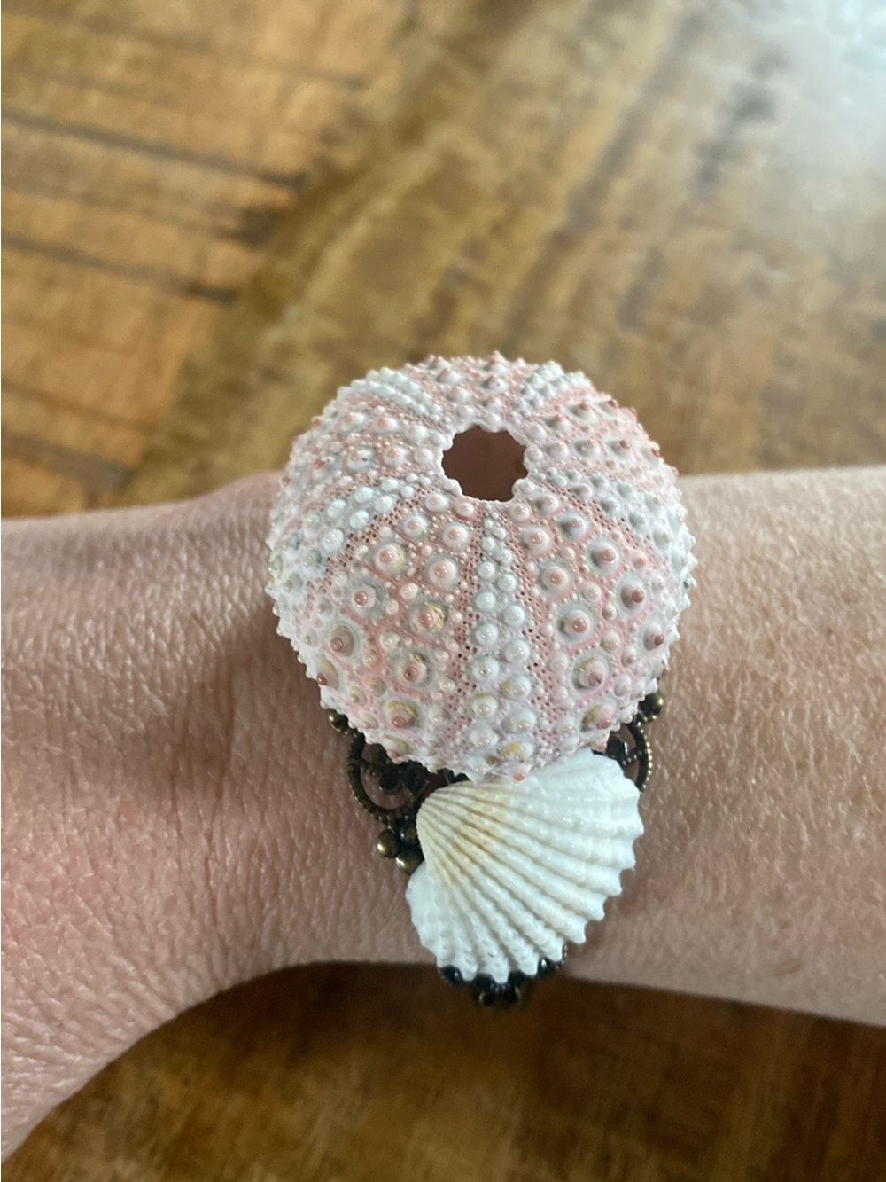 Handmade Sea Urchin and Seashell Cuff Bracelet